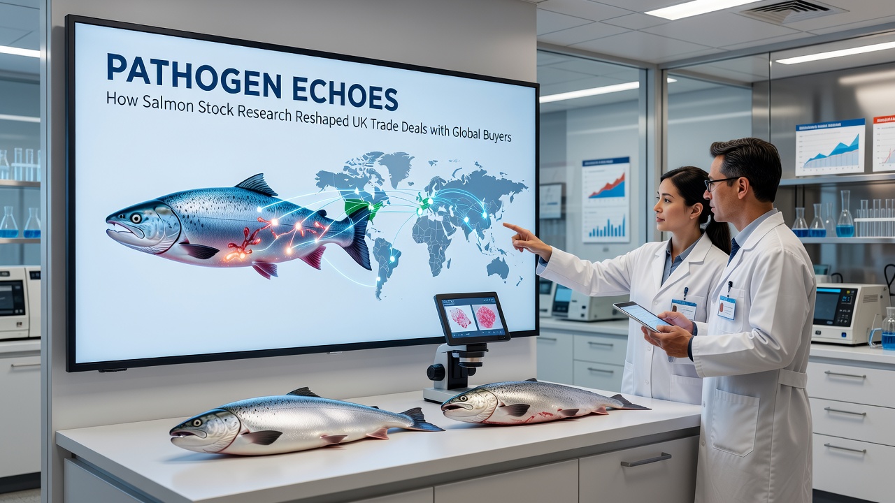 Trade negotiation meeting involving UK salmon exporters and international buyers reviewing pathogen compliance documentation